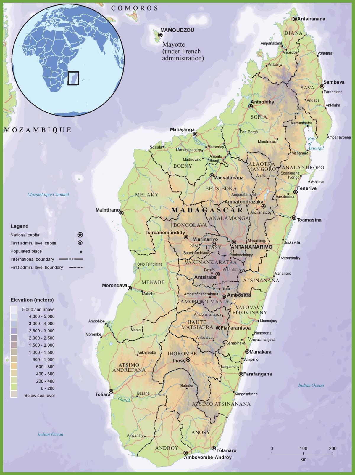 karta över fysiska karta över Madagaskar
