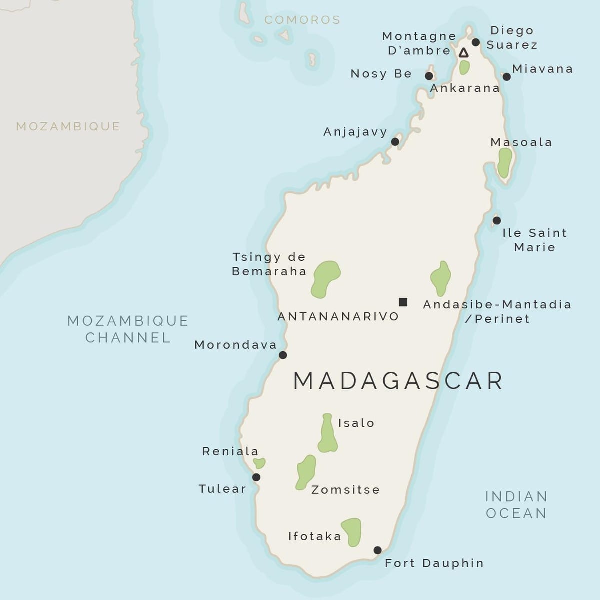 karta över Madagaskar och de omgivande öarna