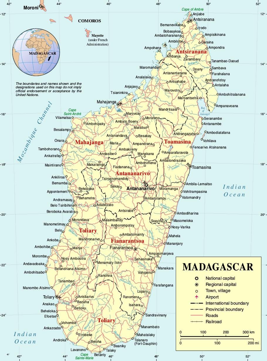 Madagaskar karta med städer
